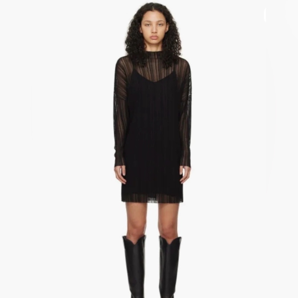 Anine Bing “Clare rubbed knit” Black Sheer-Overlay Long-Sleeve Mini Dress